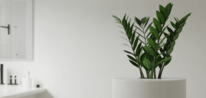 Ett fotorealistiskt foto av en garderobsblomma i ett minimalistiskt badrum.