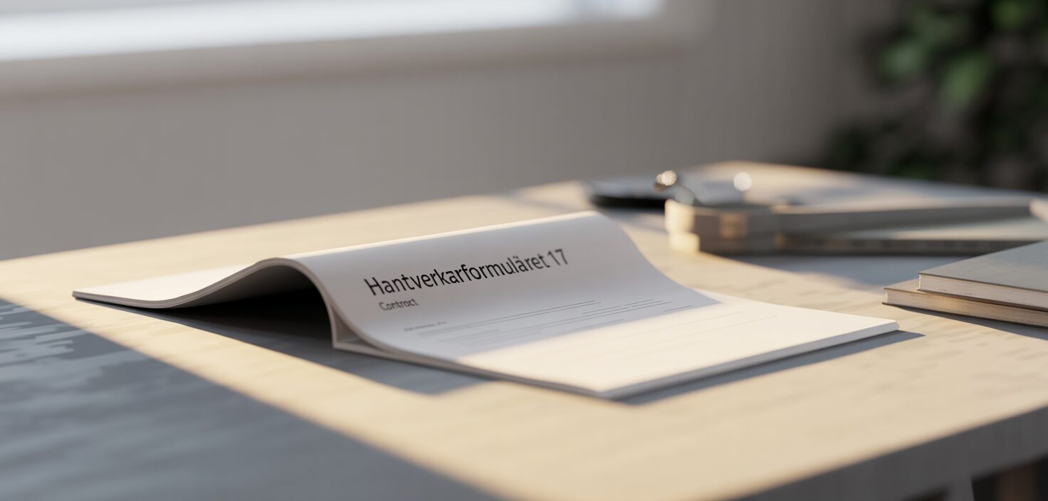 Fotorealistiskt foto av Hantverkarformuläret 17-avtal på träbord