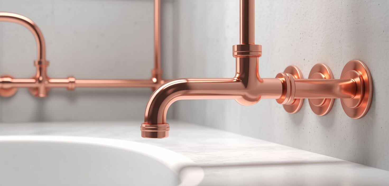 Fotorealistiskt foto av en kopparvattenledning i ett badrum