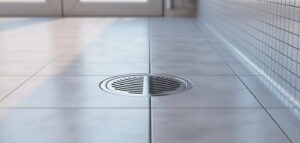 Fotorealistisk bild av ett rent och minimalistiskt badrums golvbrunn i rostfritt stål, omgiven av vita kakel. Fokuserat på detaljer och renhet.