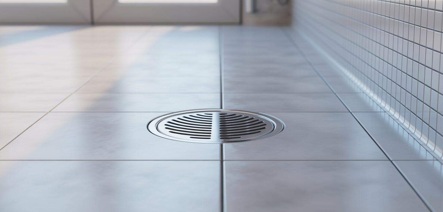 Fotorealistisk bild av ett rent och minimalistiskt badrums golvbrunn i rostfritt stål, omgiven av vita kakel. Fokuserat på detaljer och renhet.