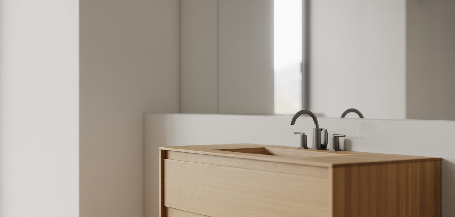 Fotorealistiskt foto av en modern badrumsmöbel i ek med minimalistisk design och keramisk vask