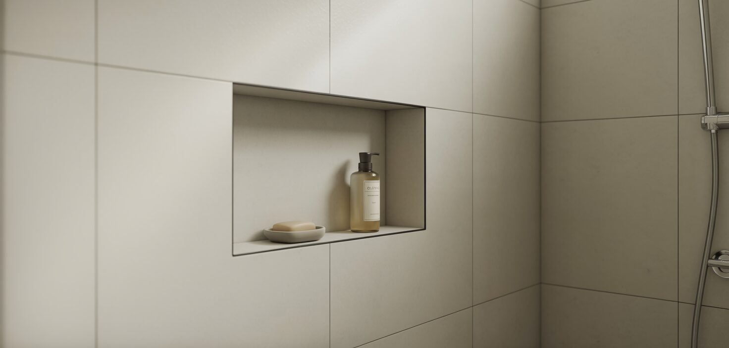 Minimalist badrumsnisch med schampo och tvål, vit kakel