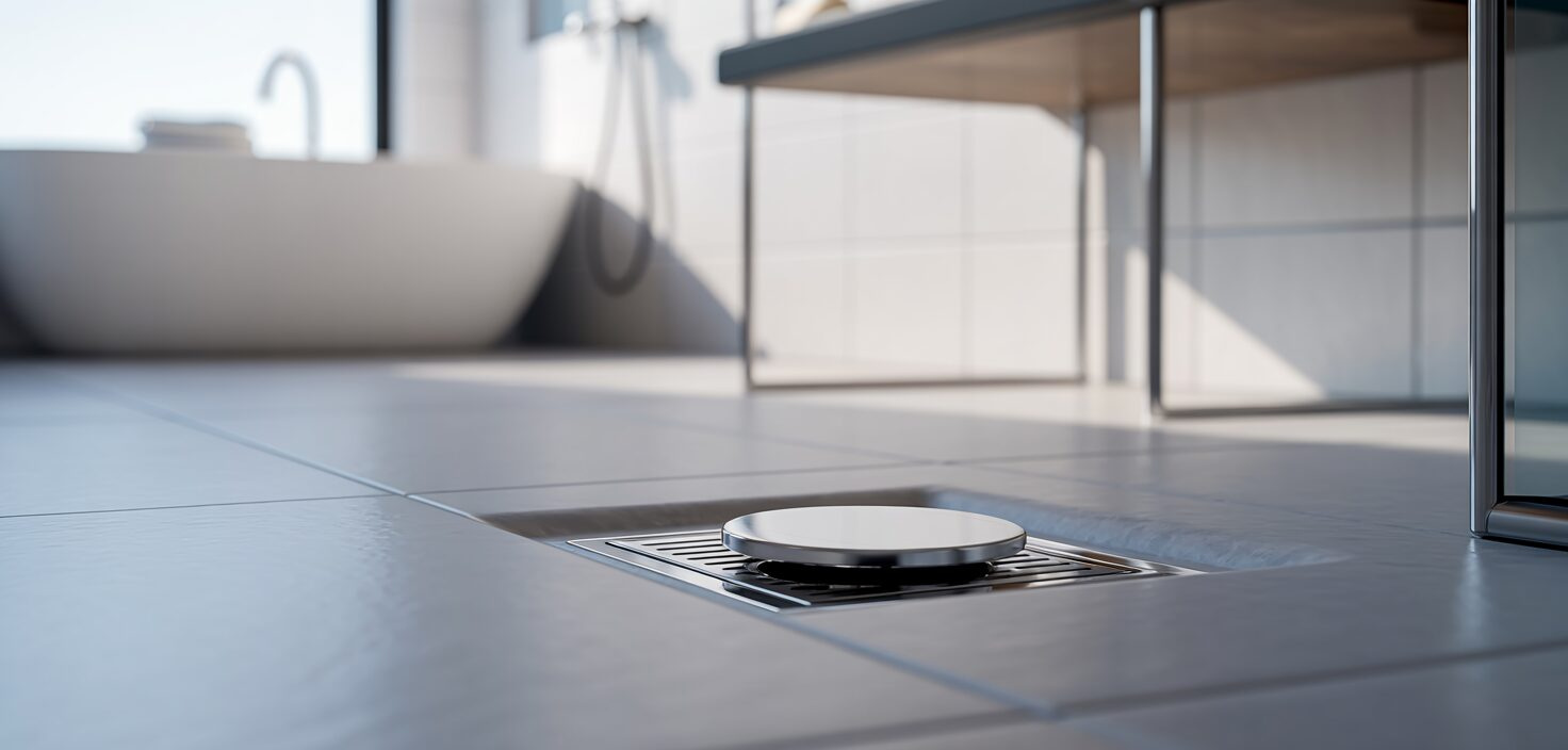 Närbild av en minimalistisk duschbrunn i ett modernt badrum, omgiven av ljusa kakelplattor.