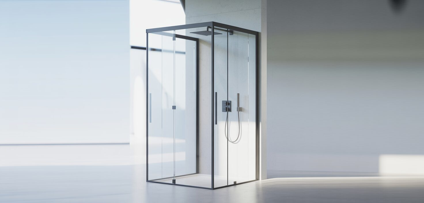 Fotorealistisk bild av en minimalistisk duschkabin med svarta profiler och klarglas. Ljust badrum med minimalistisk design.