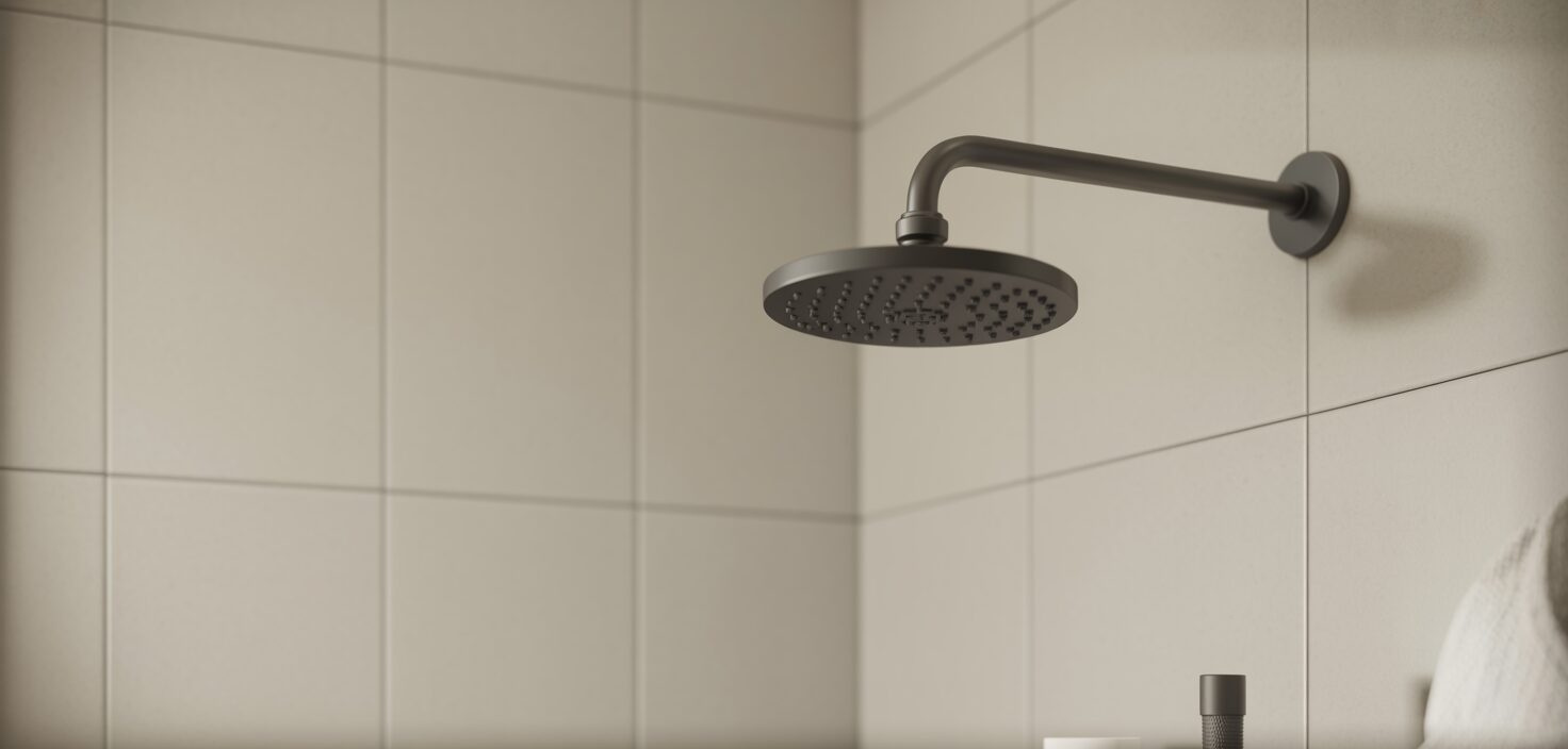 Fotorealistisk bild av en minimalistisk dusch med svart duschmunstycke i ett litet badrum med vita kakelplattor, minimalistisk design.