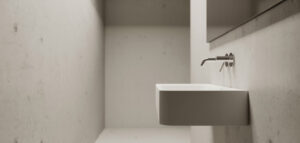 Fotorealistiskt foto av minimalistiskt gästtoalett med vit handfat och grå vägg.