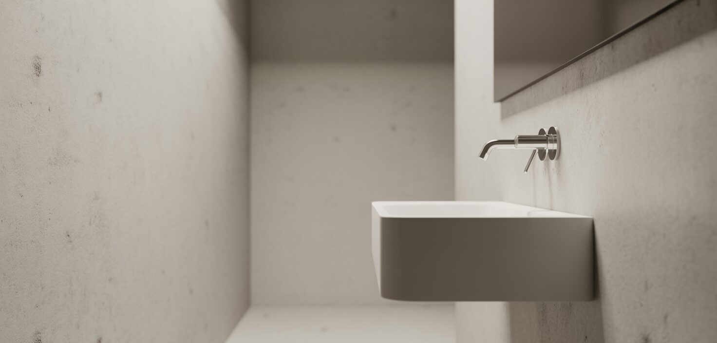 Fotorealistiskt foto av minimalistiskt gästtoalett med vit handfat och grå vägg.