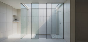 Fotorealistisk bild av minimalistiskt badrum med duschhörna i glas och vita kakelplattor. Rent och ljust.