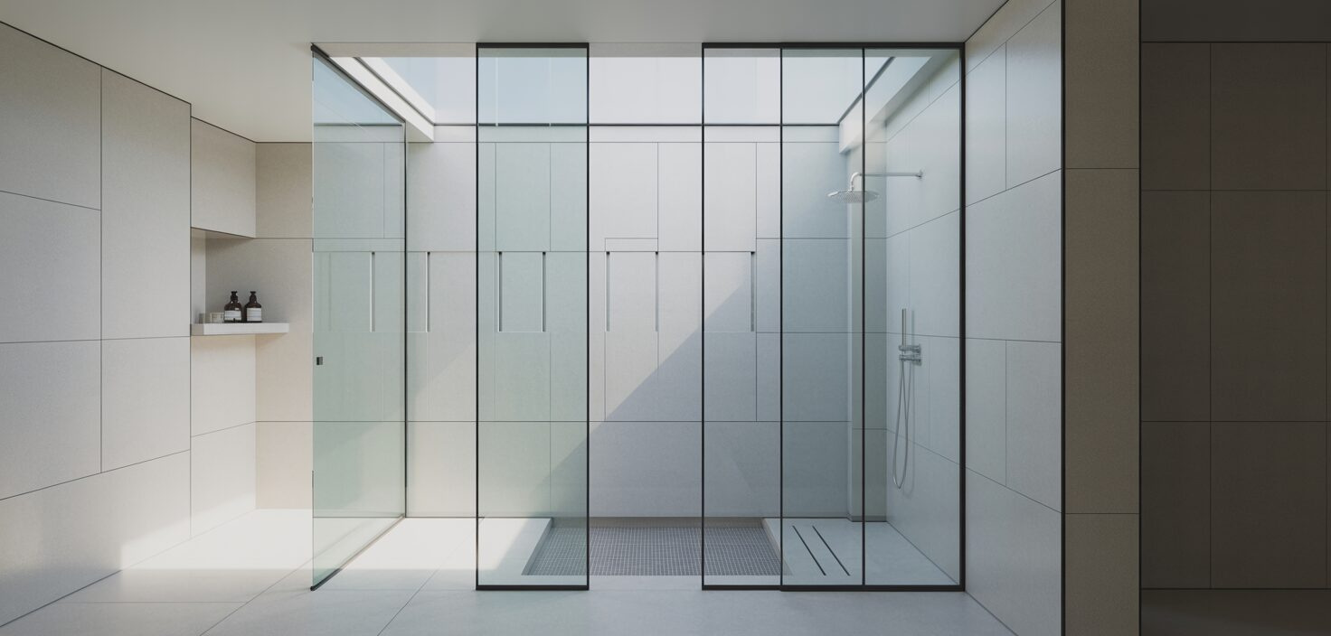 Fotorealistisk bild av minimalistiskt badrum med duschhörna i glas och vita kakelplattor. Rent och ljust.