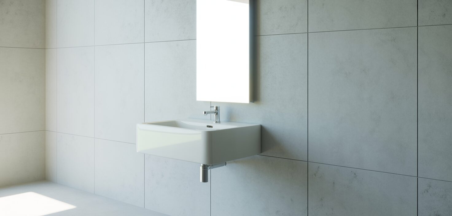 Minimalist badrum med vit kommod och handfat i ljusa toner.