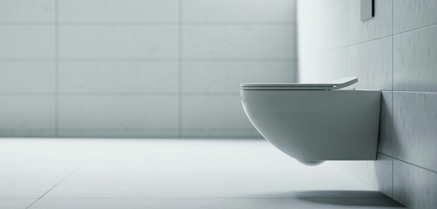 Modernt minimalistiskt badrum med vägghängd toalett