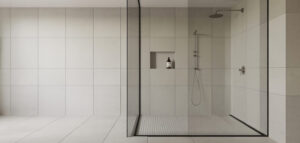 Fotorealistisk bild av ett minimalistiskt badrum med walk-in dusch och ljusa kakel.