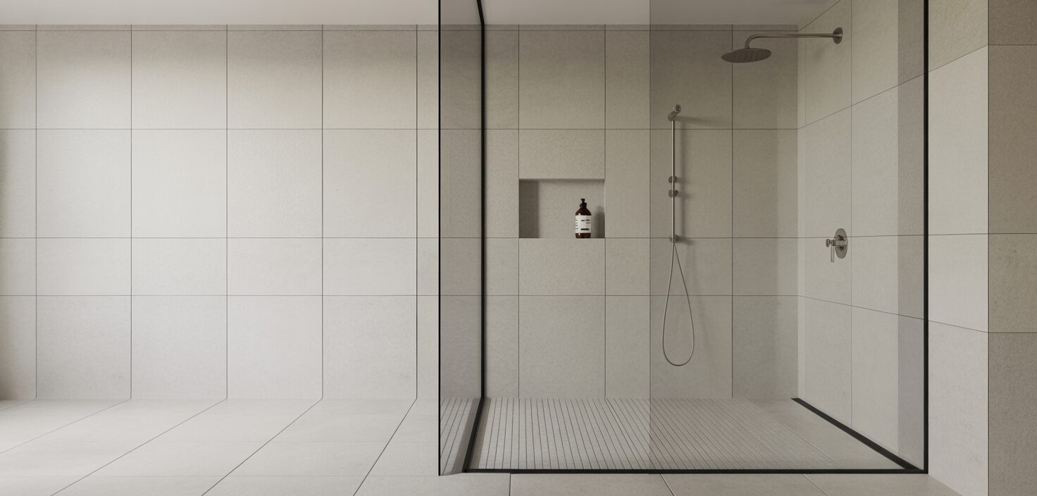 Fotorealistisk bild av ett minimalistiskt badrum med walk-in dusch och ljusa kakel.