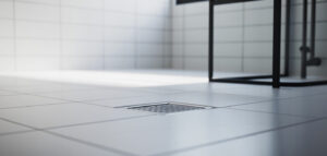 Fotorealistisk bild av ett modernt badrum med en golvbrunn i fokus. Badrummet är minimalistiskt inrett med vita kakelplattor och kromelement.