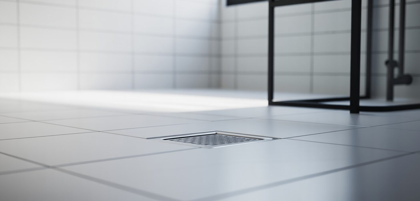 Fotorealistisk bild av ett modernt badrum med en golvbrunn i fokus. Badrummet är minimalistiskt inrett med vita kakelplattor och kromelement.