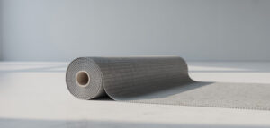 Närbild av våtrumsmatta i grått.
