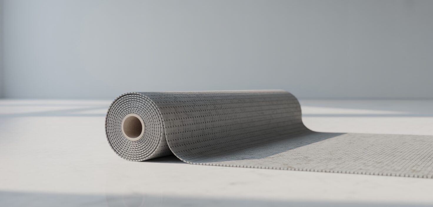 Närbild av våtrumsmatta i grått.