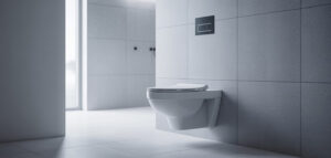 Rent badrum med vägghängd toalett och ljusa kakel.