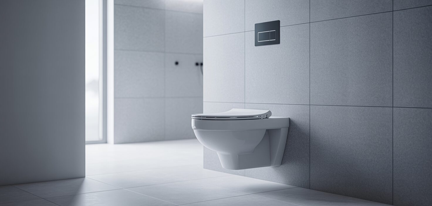 Rent badrum med vägghängd toalett och ljusa kakel.