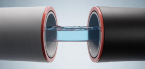 Fotoriktigt foto av ett rör-i-rör system som visar de inre och yttre rören med vatten i. Perfekt för badrumsrenovering.