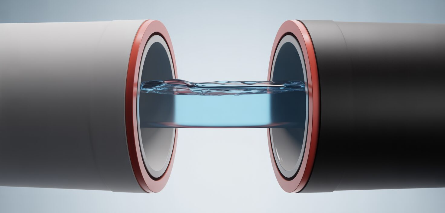 Fotoriktigt foto av ett rör-i-rör system som visar de inre och yttre rören med vatten i. Perfekt för badrumsrenovering.