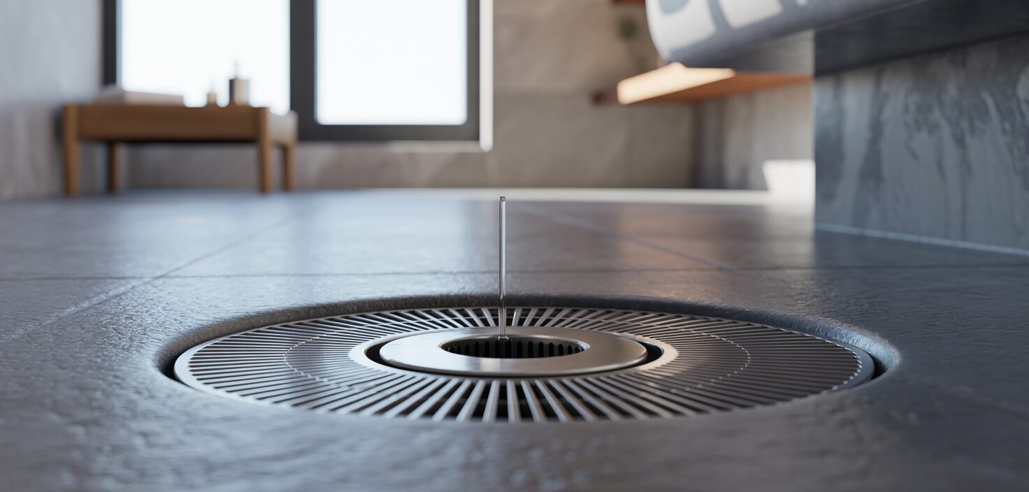 Närbild av korrekt installerad golvbrunn med tätskikt i badrum.