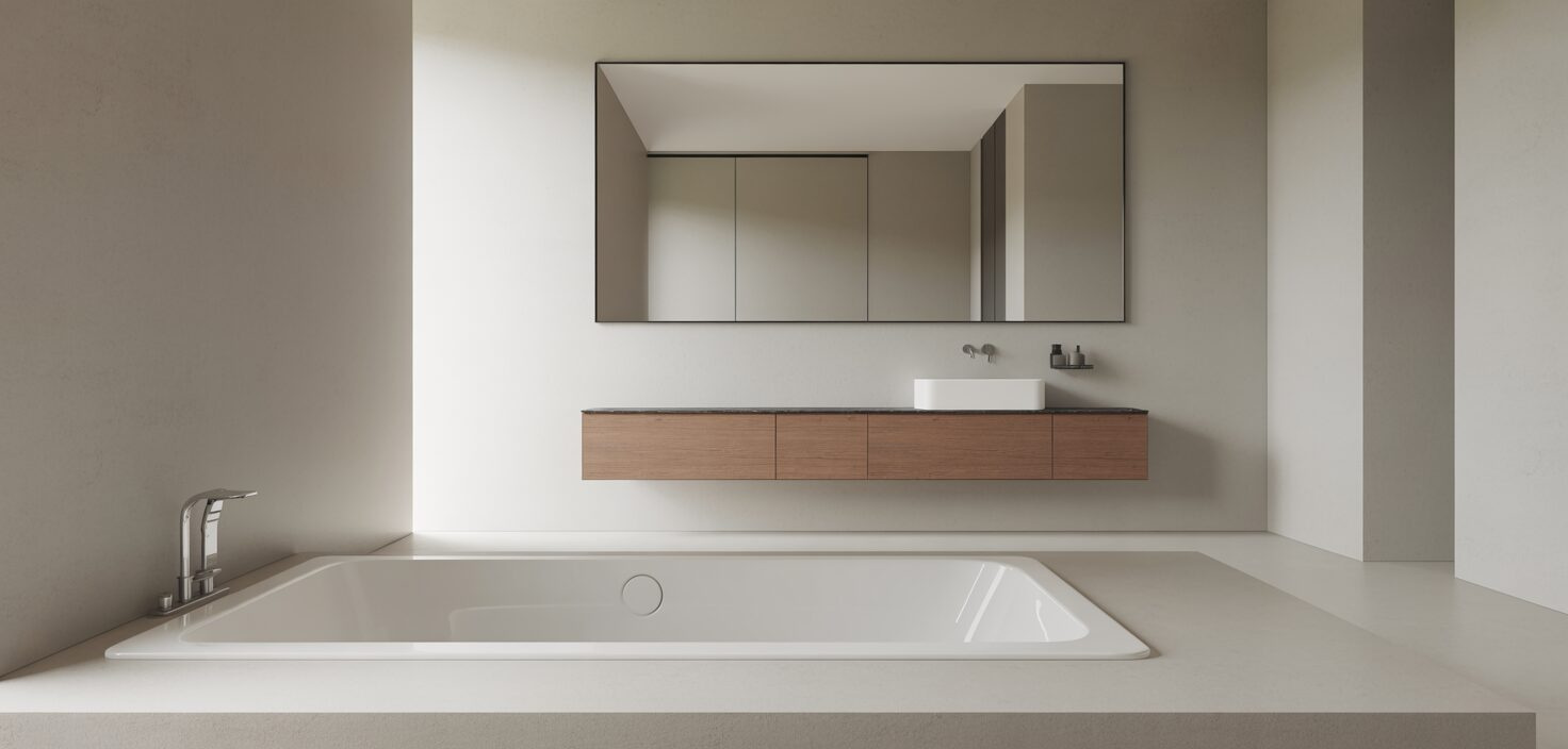 Fotorealistiskt fotografi av minimalistiskt badrum med vitt badkar, träinredning och ljusgrå väggar.