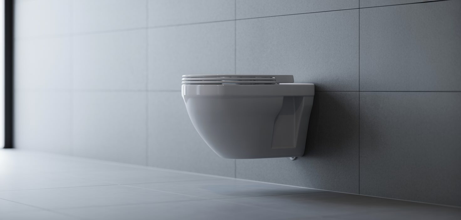 Fotorealistisk bild av vägghängd toalett i minimalistisk badrumsmiljö.