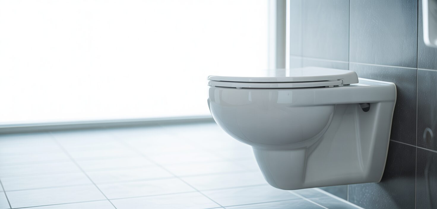 Vägghängd toalett i minimalistiskt badrum, fotorealistiskt foto.