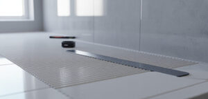 Fotorealistisk bild av vattentätning i badrum. Membran installeras med linjal.