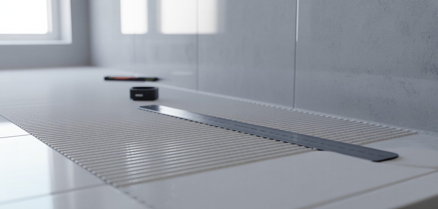 Fotorealistisk bild av vattentätning i badrum. Membran installeras med linjal.