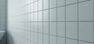 Närbild av vit kakelvägg med ljusgrå fog, minimalistisk badrumsdesign.