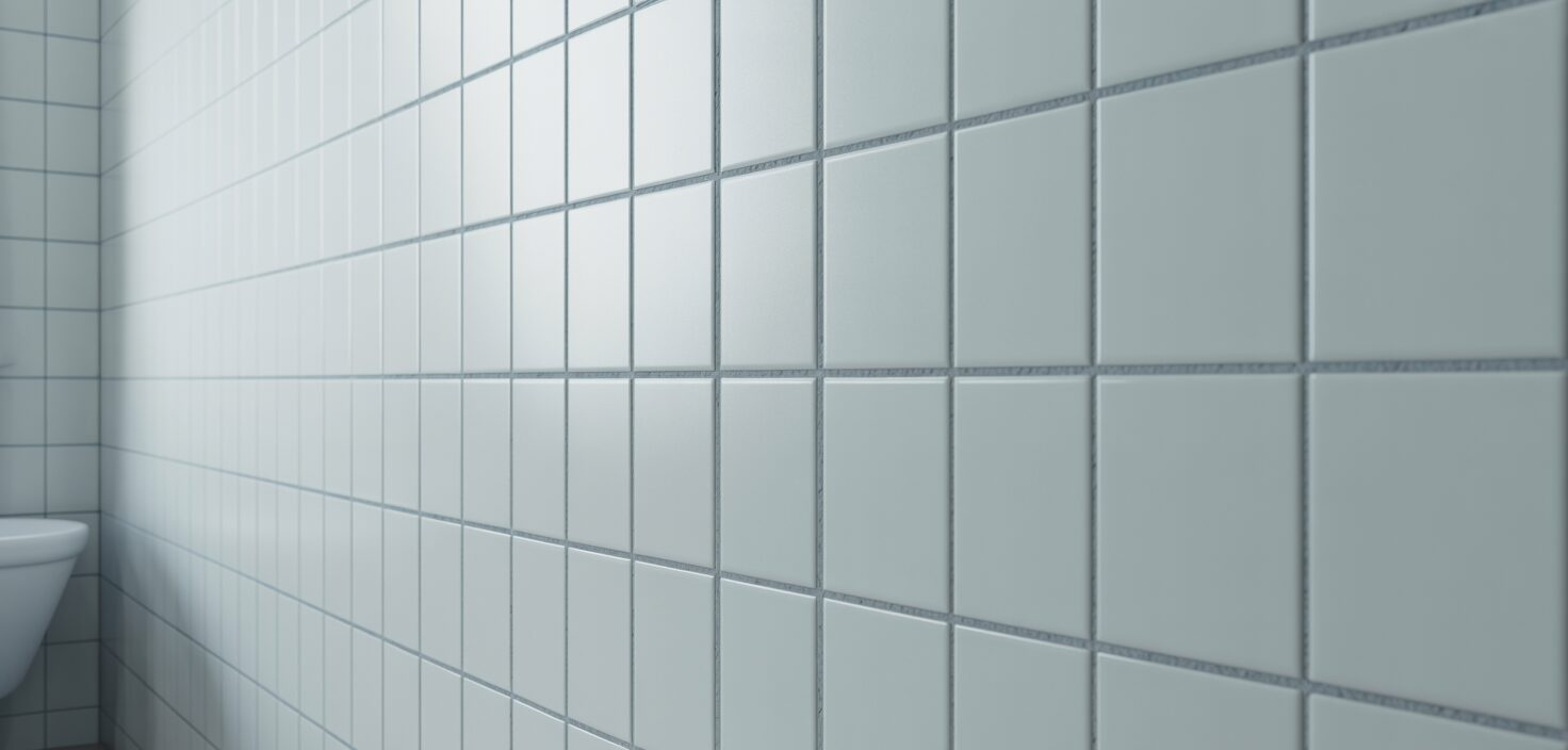 Närbild av vit kakelvägg med ljusgrå fog, minimalistisk badrumsdesign.