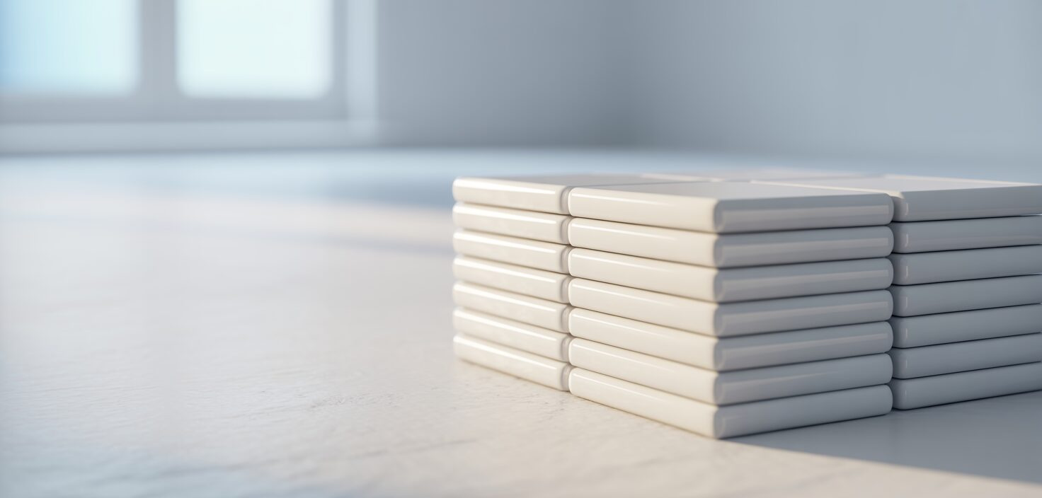 Vita kakel i minimalistisk miljö. Fokus på rena linjer och detaljer.