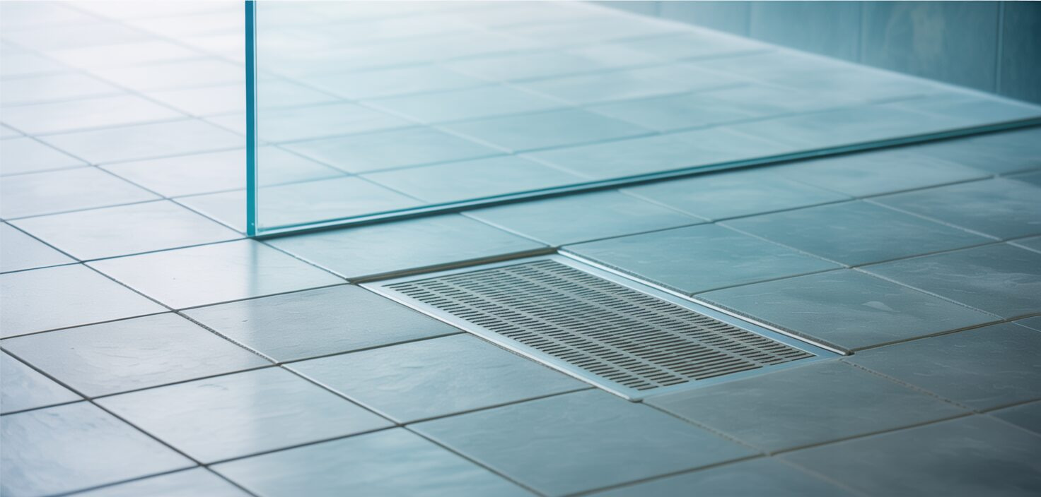 Fotorealistisk bild av en minimalistisk walk-in dusch med en kaklad golvbrunn och lutande kakel.